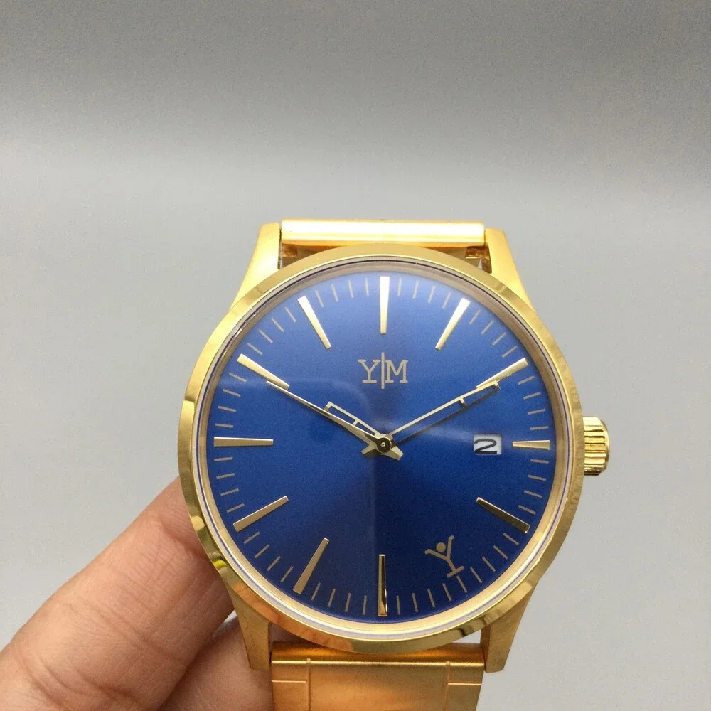 YesMan Shot Caller Mens Watch 45mm Gold Tone Blue Dial Bracelet Date 8.75